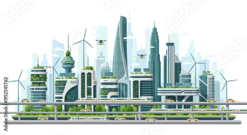 Futuristic Eco City Skyline with Green Architecture, Drones, and Sustainable Transport