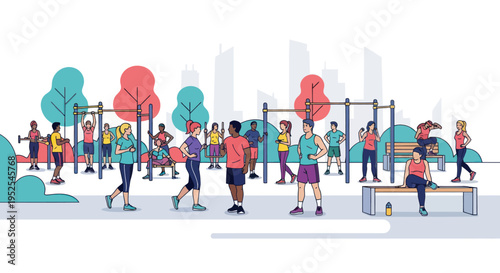 Diverse people exercising outdoors in a modern urban park with fitness equipment.