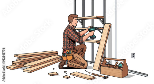 Carpenter Installing Shelving Using Drill, Wood Boards and Tools