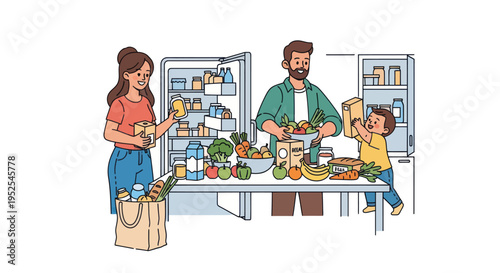 Family Unpacking Groceries Near Refrigerator, Healthy Food Choices