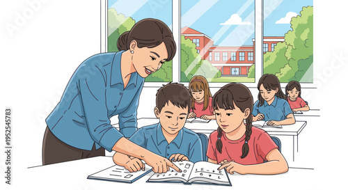 Teacher helping students with reading and writing in a bright classroom with school buildings outside.
