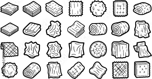 Textile Industry  Laundry Black and White Line Art Icons: Collection of Folded, Rolled, Stacked, Crumpled Towels, Cloths, and Fabrics for Home Goods