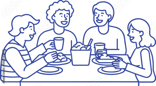 Minimal Monoline Illustration of Friends Eating and Drinking Together, Social Gathering Line Art Vector