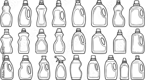 Household Cleaning Products and Detergent Bottles Collection in Black and White Line Art Style. Hand-drawn Outline Vector Set of Chemical Containers.