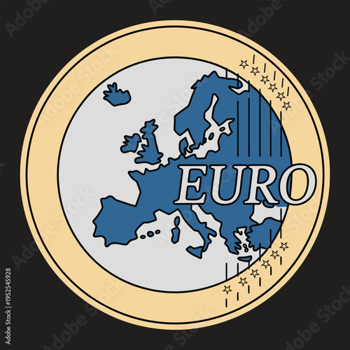 Stylized illustration of a 1 Euro coin featuring the map of Europe and the word 'EURO' on a black background.
