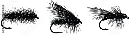 Black silhouette of various fishing fly lures set, professional artificial bait for trout and salmon fishing isolated on white background.