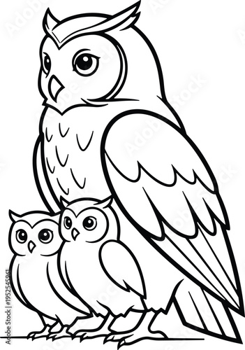Black and white owl family line drawing illustration, parent owl with two baby owls, wildlife coloring page concept for nature and education