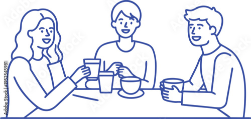 Minimal Monoline Illustration of Friends Eating and Drinking Together, Social Gathering Line Art Vector