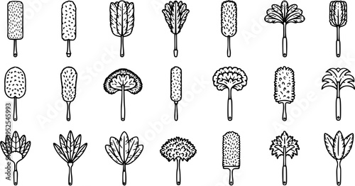 Black and White Line Art Vector of Various Feather Duster Styles for Cleaning