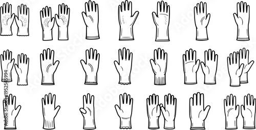 Black and White Line Art Icons of Various Protective Gloves for Household Chores, Safety, and Manual Work