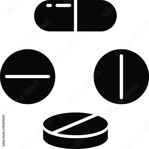 Black and white pill icons showing capsule, scored tablets, and 3D perspective medicine illustration, pharmaceutical drug design concept for healthcare graphics