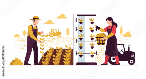 Two farmers work in a field, one tending traditional crops and the other harvesting from a vertical farm.