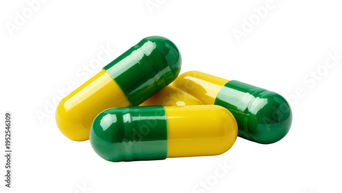 Cuadro en lienzo Isolated vibrant green and yellow pharmaceutical capsules, medicine, and healthc