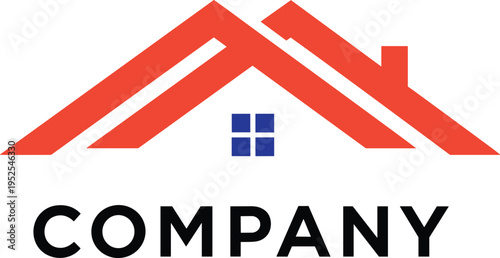 Modern real estate logo vector illustration featuring red house roof lines with a blue window icon for construction mortgage home renovationModern real estate logo vector illustration featuring red ho