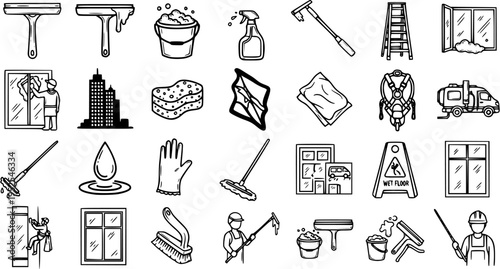 Black and White Line Art Icons for Window Cleaning Services