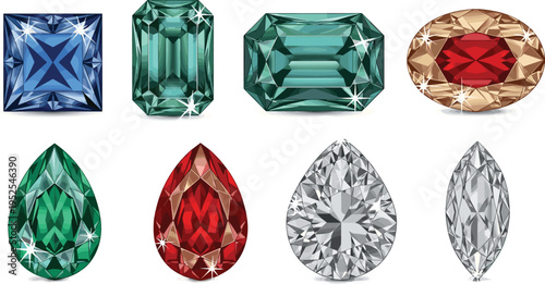 Gemstone Collection with Various Diamond Cuts and Colored Precious Stones, Realistic Faceted Gems Set for Jewelry Design, Luxury Illustration and Vector Assets