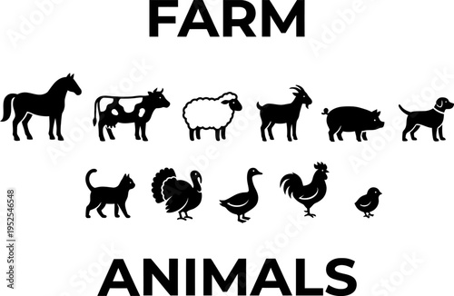 A collection of black silhouette icons depicting various common farm animals and domestic pets