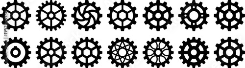 A collection of fourteen distinct black gear wheel icons displayed in a uniform grid on white background