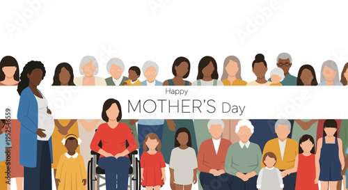 Happy Mother's Day Illustration with Diverse Group of Women and Children, Multi-generational Inclusive Community Celebration, Flat Vector Graphic