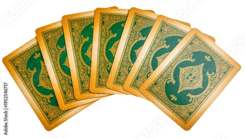 Foto Isolated vintage ornate green and gold fanned playing cards, ideal for game or s