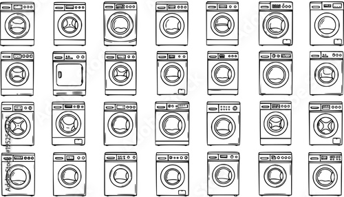 Black and White Line Art Icon Set of Various Washing Machine Models