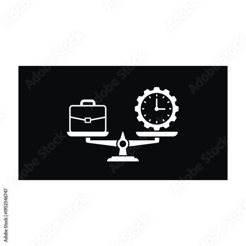Balanced scale illustrating harmony between work life and personal time management with minimalist clock and briefcase icons on contrasting dark background