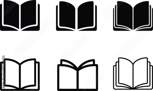 Open Book Icon Set Featuring Black Silhouette and Outline Vector Illustrations for Education Literature Reading and Library