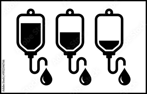 A set of three black and white intravenous therapy drip bag icons showing different fluid levels