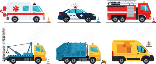 Emergency and Service Vehicles Set with Ambulance Police Car Fire Truck Tow Truck Garbage Truck and Delivery Van Flat Vector Illustration for Urban Services Design