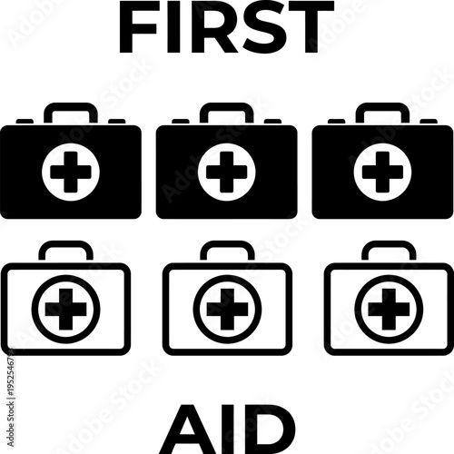 A collection of black and white first aid kit icons arranged in two rows for medical purposes