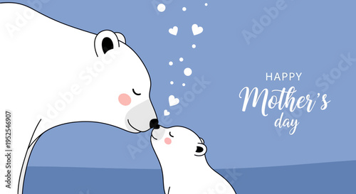 Happy Mother's Day Greeting Card with Cute Polar Bear Mother and Cub Touching Noses, Minimalist Arctic Animals Illustration for Holiday Celebration on Blue Background