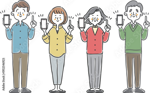 スマホを持って説明する家族二世代　全身　ベクター