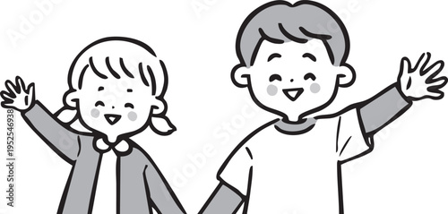 笑顔の男児と女児　上半身　ベクター（モノクロ）