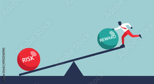 Businessman balancing risk and reward on a seesaw, pushing a green 'REWARD' ball against a red 'RISK' ball, illustrating business strategy and decision-making for investment and growth.
