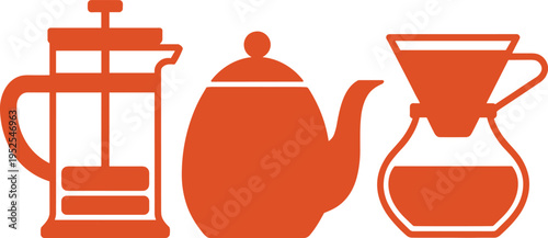 Orange beverage brewing equipment illustration featuring French press, teapot, and pour‑over coffee maker, perfect for café design, kitchen decor, beverage branding, and creative food projects.Orange 