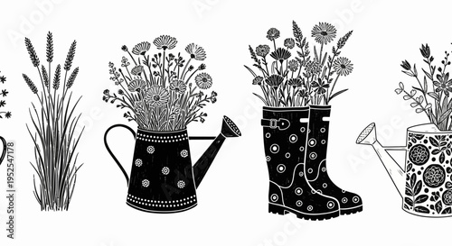Black and White Linocut Garden Illustration Set with Wildflowers, Watering Cans, and Rubber Boots - Rustic Hand-Drawn Floral Graphic Elements for Crafts and Design