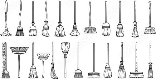 Household Cleaning Tools: Black and White Line Art Set of Various Brooms and Sweeping Brushes. Hand-drawn Doodle Vector Illustration for Domestic Chores  Sanitation.