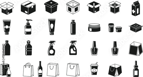 Packaging and Product Icon Set Featuring Cardboard Boxes Bottles Cosmetic Tubes and Shopping Bags for Retail and Logistics