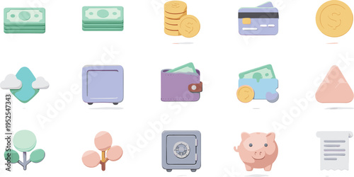 Personal Finance Icon Set with Money Cash Wallet Bank Safe Piggy Bank Credit Card and Investment Symbols Flat Vector Illustration for Banking and Budget Design