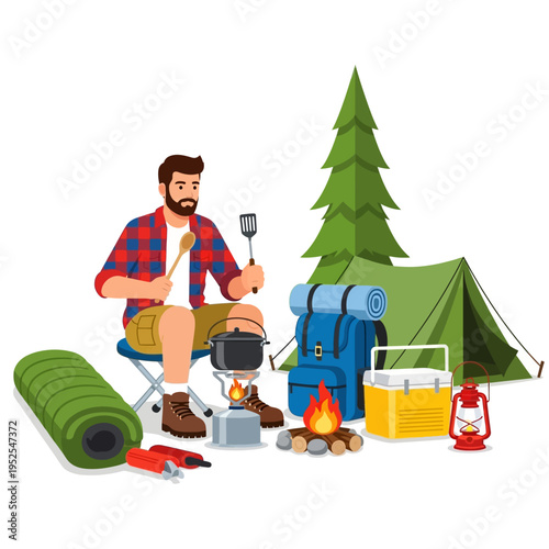 Man camping, cooking outdoors with tent, backpack, sleeping bag, and campfire.