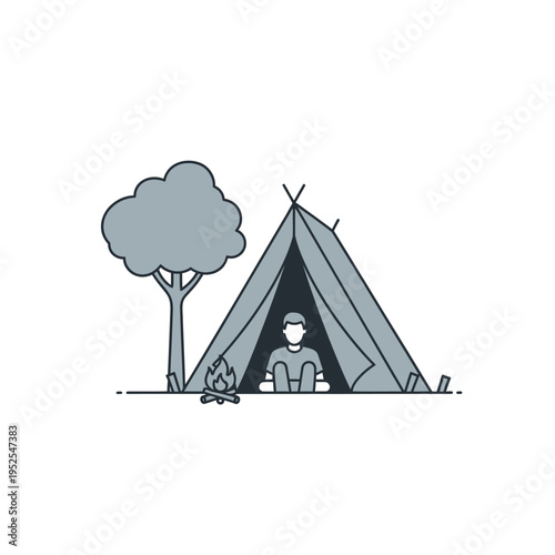 Man sitting inside a tent with campfire and tree, outdoor adventure illustration