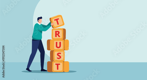 Businessman Stacking Wooden Blocks to Spell 'TRUST' Vector Illustration for Business Ethics, Reliability, and Customer Confidence Concepts