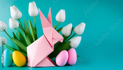 Close-up of pink origami bunny with pastel easter eggs on a pale turquoise background with white tulip flowers and copy space