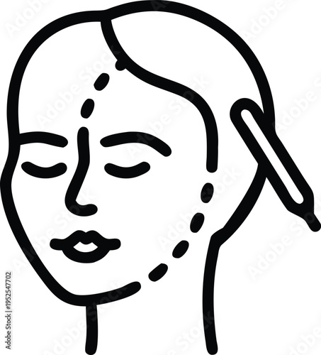 Face with dotted facial massage lines and a comb in hair