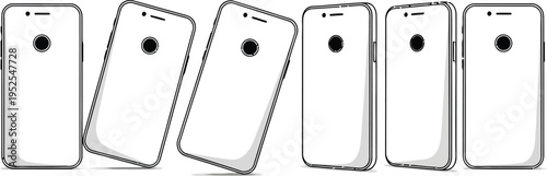 A row of six smartphones with blank screens