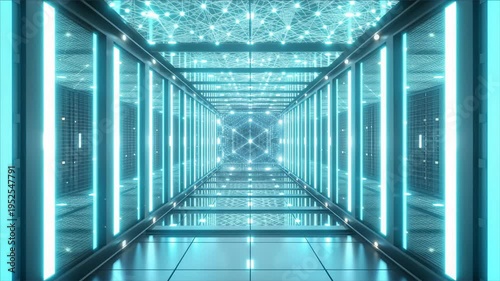 Futuristic corridor glowing blue light digital network technology tunnel modern architecture design interior perspective neon data connection