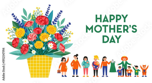 Happy Mother's Day Greeting Card Illustration with Colorful Flower Bouquet and Diverse Mothers in Various Stages of Parenting