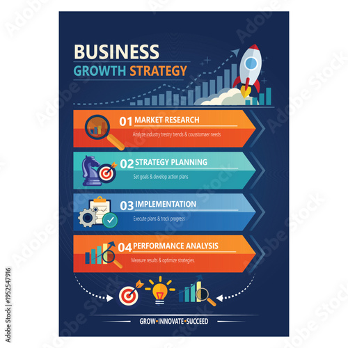 Business Growth Strategy infographic with rocket launch and step-by-step plan elements, vector illustration.Business infographic