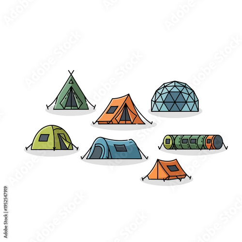 Diverse Camping Tents Collection: Outdoor Shelter Variety, Illustration