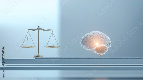 Balancing the human mind and law, a digital 3D illustration of a glowing brain and scales of justice on a horizontal plank, symbolizing legal sanity, moral judgment, and medical ethics.